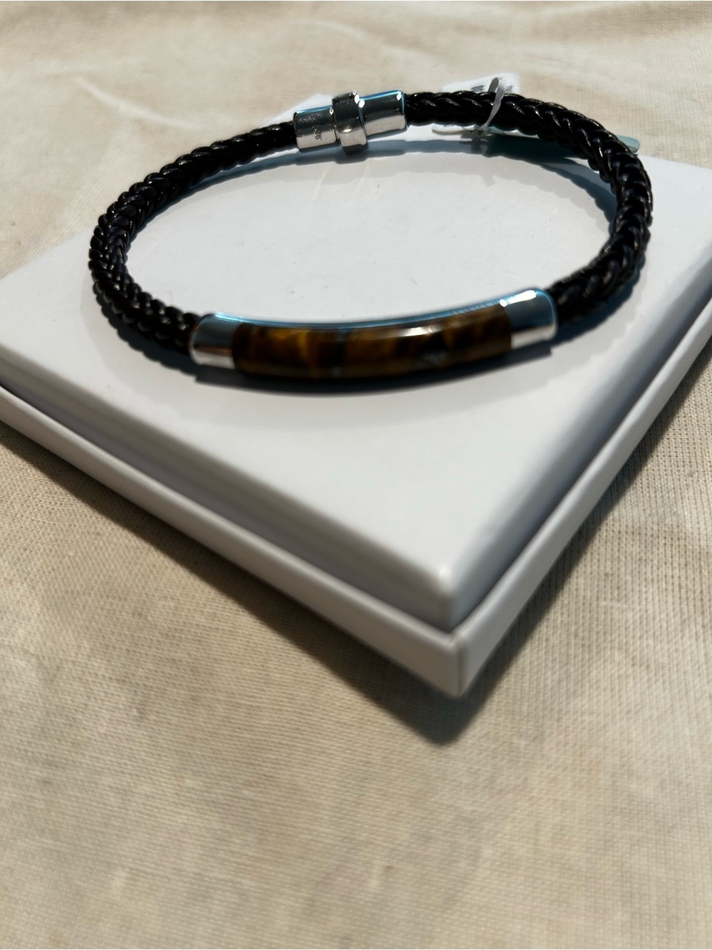 Mens EFFY Sterling SilverTiger Eye Braided Leather Bracelet